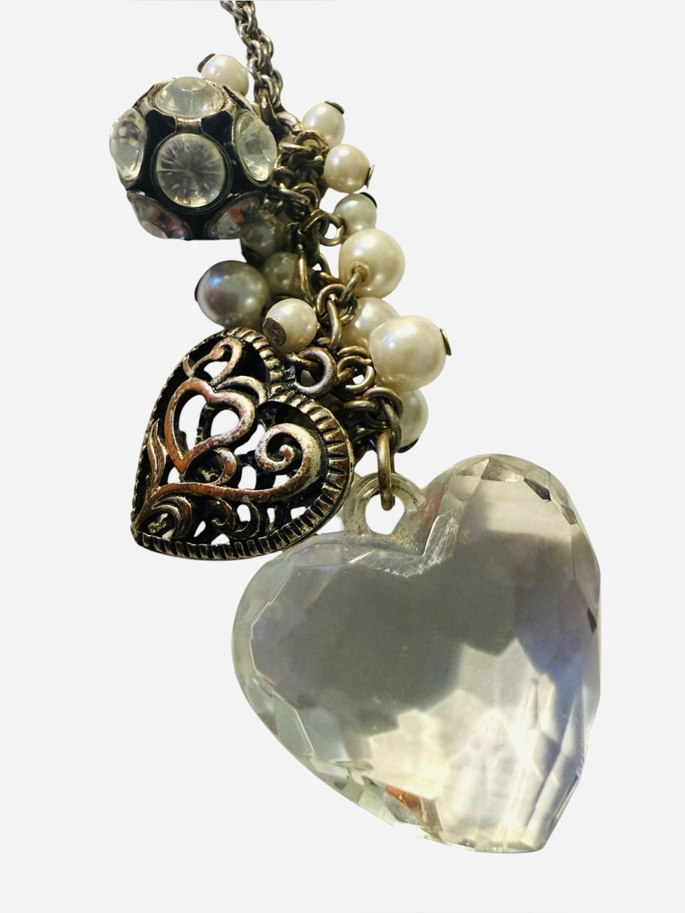 AE Vintage Crystal Heart Pendant Necklace with Pearl Charm Cluster Y2K